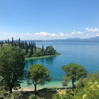 Fák a víz partján a Baia delle Sirenénél, Gardánál